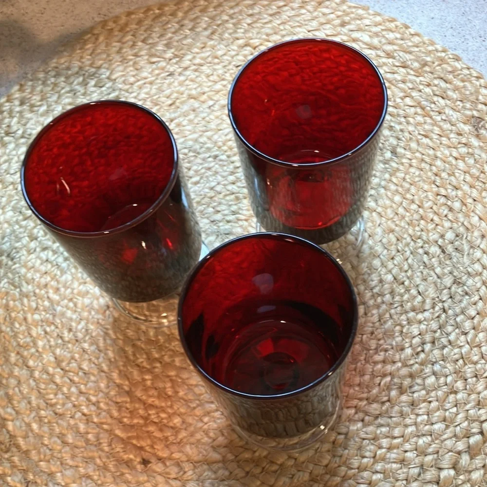 Set of (3) Vintage MCM Ruby Red Footed Wine Glasses - Luminarc France